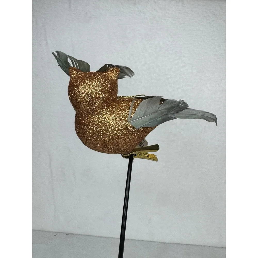 Pier 1 Glitter Owl Clip Ornament Gold‎ Feather Christmas Winter Holiday Decor